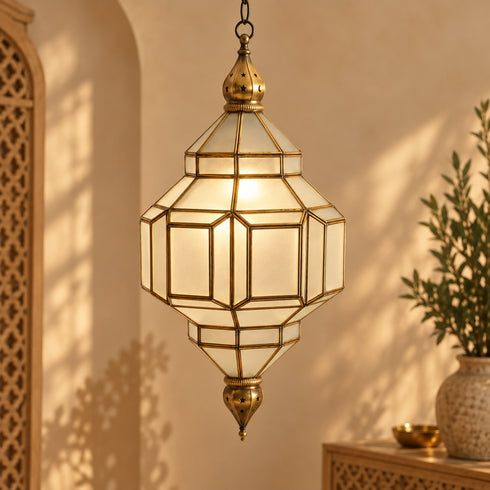 Handcrafted Moroccan Brass & Smoked Glass Pendant Light – Geometric Hanging Lantern, Artisan Ceiling Lamp
