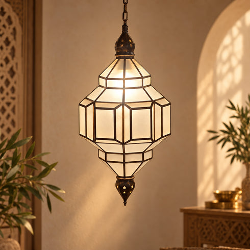 Handcrafted Moroccan Brass & Smoked Glass Pendant Light – Geometric Hanging Lantern, Artisan Ceiling Lamp