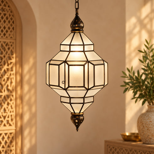 Handcrafted Moroccan Brass & Smoked Glass Pendant Light – Geometric Hanging Lantern, Artisan Ceiling Lamp