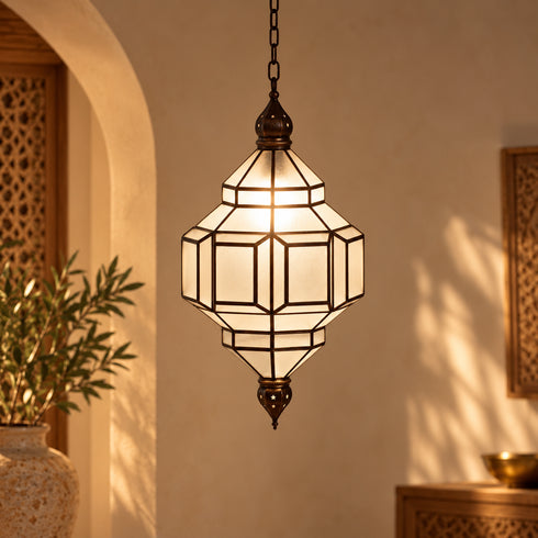 Handcrafted Moroccan Brass & Smoked Glass Pendant Light – Geometric Hanging Lantern, Artisan Ceiling Lamp