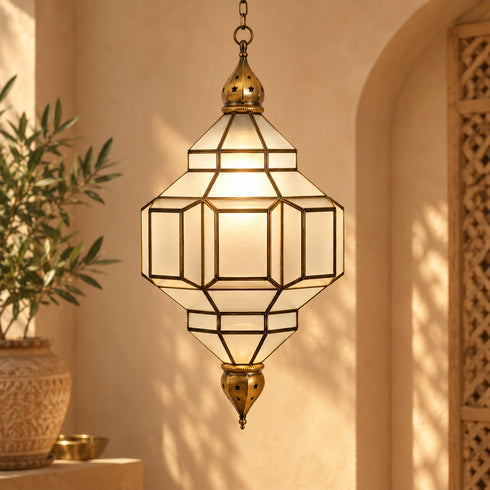 Handcrafted Moroccan Brass & Smoked Glass Pendant Light – Geometric Hanging Lantern, Artisan Ceiling Lamp