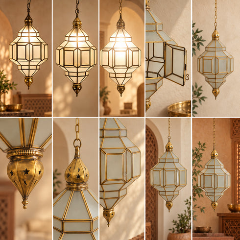Handcrafted Moroccan Brass & Smoked Glass Pendant Light – Geometric Hanging Lantern, Artisan Ceiling Lamp