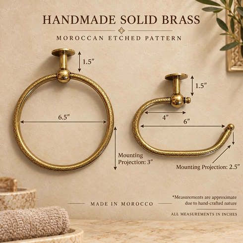 Handcrafted Moroccan Engraved Solid Brass Towel Ring & Open Toilet Paper Holder