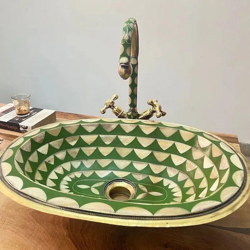 Handcrafted Moroccan Green Mosaic Vessel Sink with Brass Faucet