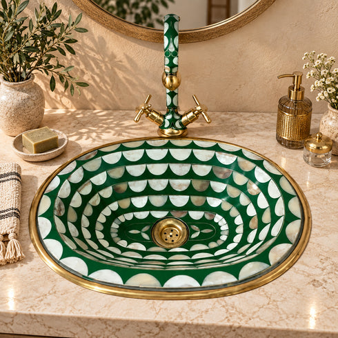 Handcrafted Moroccan Green Mosaic Vessel Sink with Brass Faucet