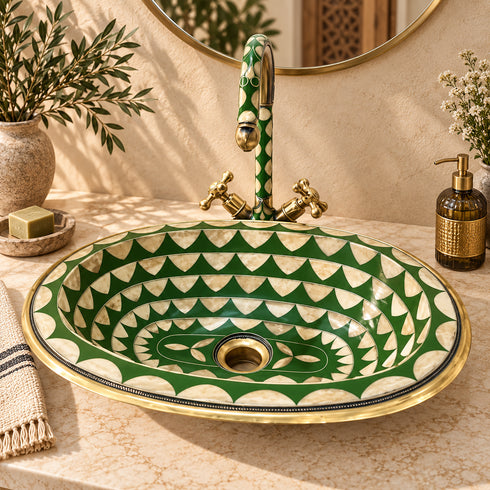 Handcrafted Moroccan Green Mosaic Vessel Sink with Brass Faucet