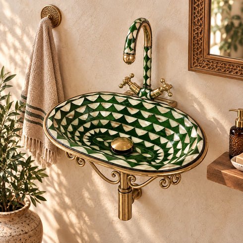 Handcrafted Moroccan Green Mosaic Vessel Sink with Brass Faucet