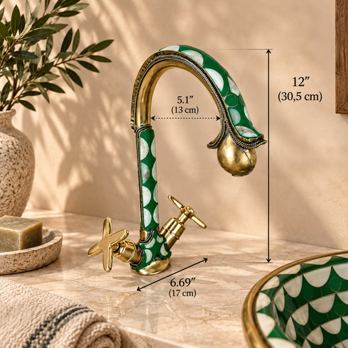 Handcrafted Moroccan Green Mosaic Vessel Sink with Brass Faucet