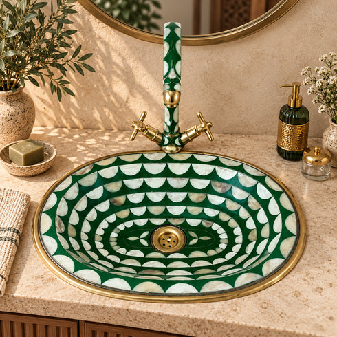 Handcrafted Moroccan Green Mosaic Vessel Sink with Brass Faucet