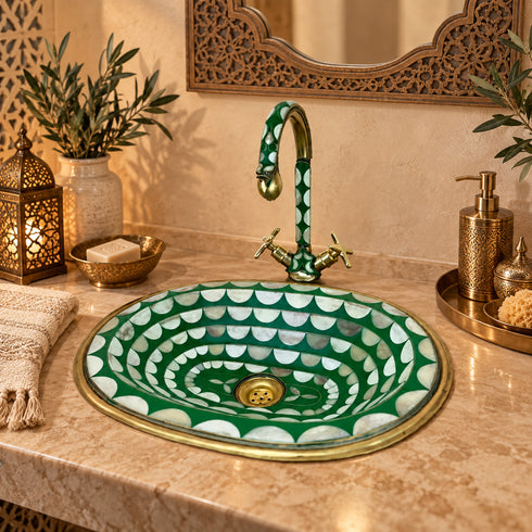 Handcrafted Moroccan Green Mosaic Vessel Sink with Brass Faucet