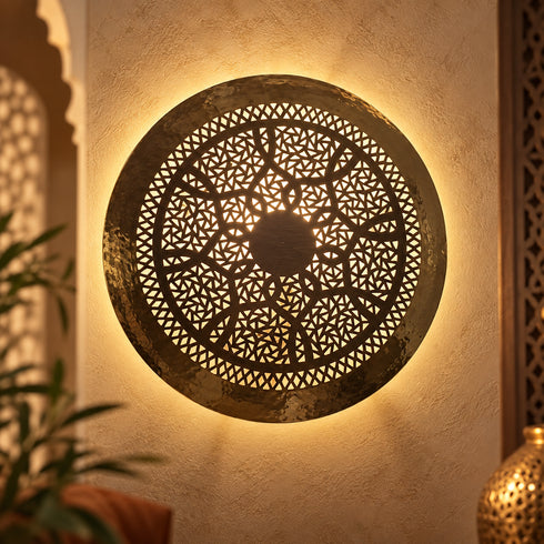 Handcrafted Moroccan Round Brass Wall Light – Decorative Pierced Wall Sconce