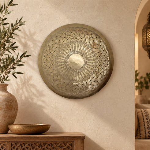 Handcrafted Moroccan Round Brass Wall Light – Pierced Metal Sconce, Decorative Ambient Wall Lamp