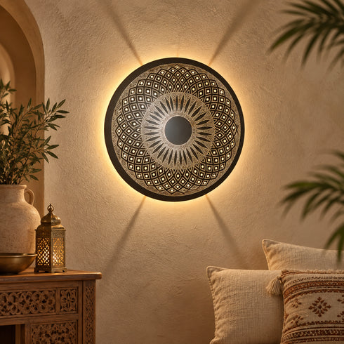 Handcrafted Moroccan Round Brass Wall Light – Pierced Metal Sconce, Decorative Ambient Wall Lamp