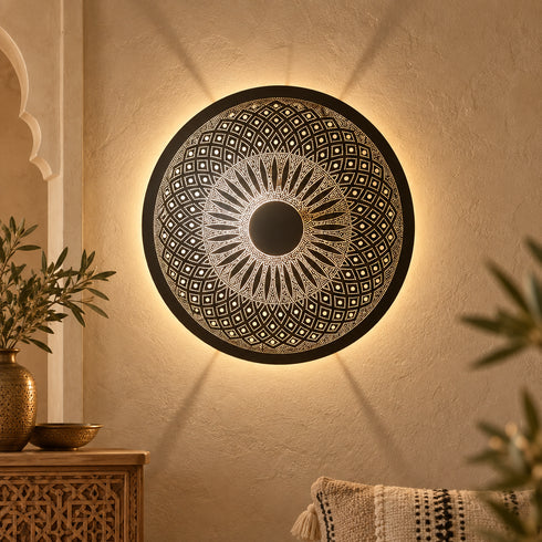 Handcrafted Moroccan Round Brass Wall Light – Pierced Metal Sconce, Decorative Ambient Wall Lamp
