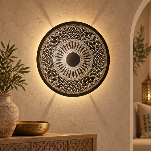 Handcrafted Moroccan Round Brass Wall Light – Pierced Metal Sconce, Decorative Ambient Wall Lamp