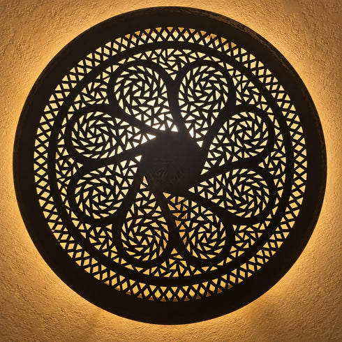Handcrafted Moroccan Round Brass Wall Light – Pierced Metal Sconce with Decorative Shadow Effect