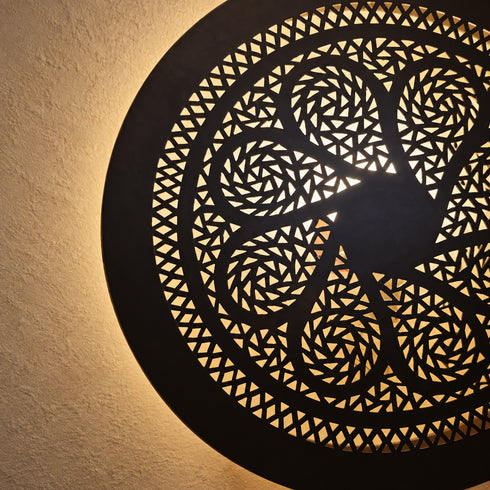 Handcrafted Moroccan Round Brass Wall Light – Pierced Metal Sconce with Decorative Shadow Effect