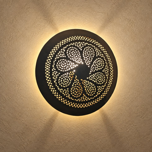 Handcrafted Moroccan Round Brass Wall Light – Pierced Metal Sconce with Decorative Shadow Effect