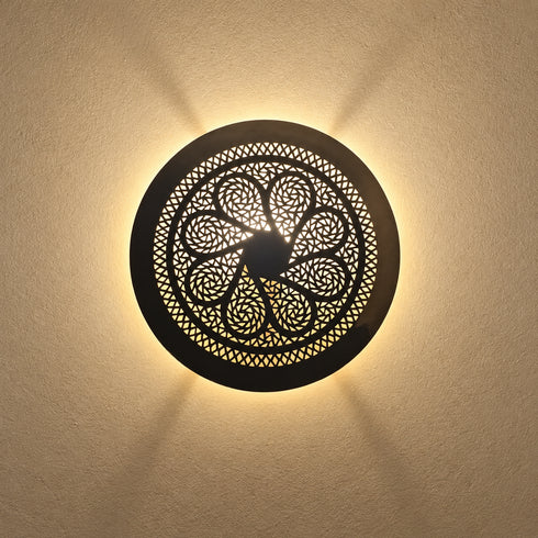 Handcrafted Moroccan Round Brass Wall Light – Pierced Metal Sconce with Decorative Shadow Effect