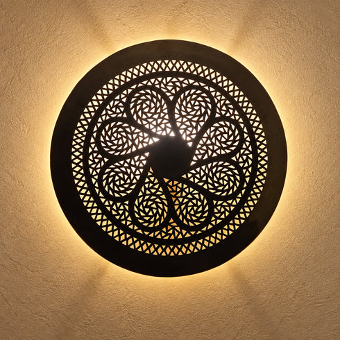 Handcrafted Moroccan Round Brass Wall Light – Pierced Metal Sconce with Decorative Shadow Effect