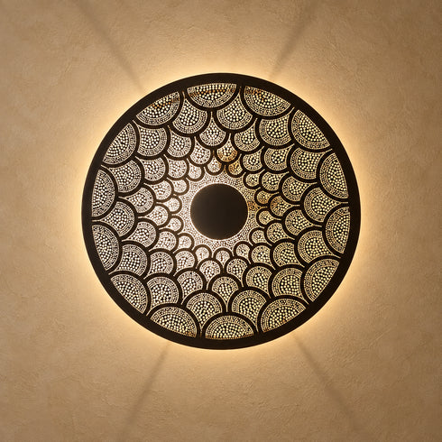 Handcrafted Moroccan Round Brass Wall Light – Pierced Metal Sconce with Warm Decorative Shadow Pattern