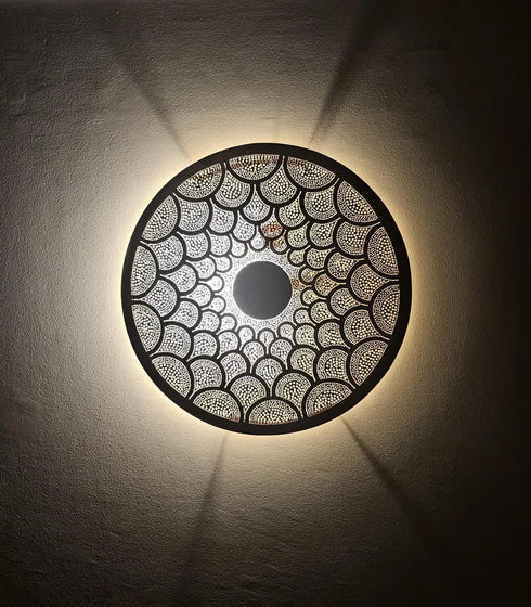 Handcrafted Moroccan Round Brass Wall Light – Pierced Metal Sconce with Warm Decorative Shadow Pattern