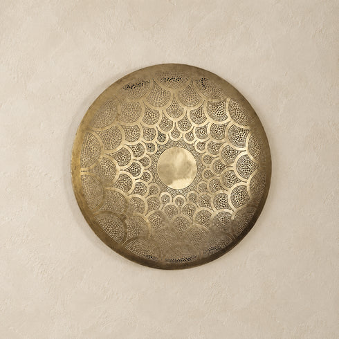 Handcrafted Moroccan Round Brass Wall Light – Pierced Metal Sconce with Warm Decorative Shadow Pattern