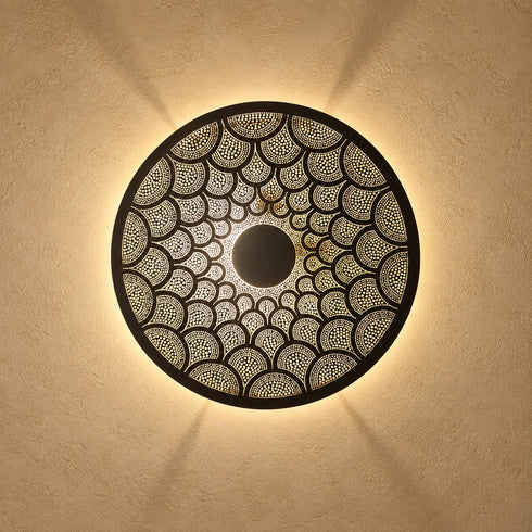 Handcrafted Moroccan Round Brass Wall Light – Pierced Metal Sconce with Warm Decorative Shadow Pattern
