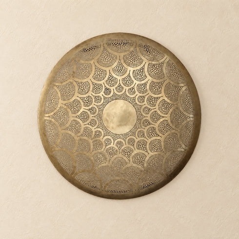 Handcrafted Moroccan Round Brass Wall Light – Pierced Metal Sconce with Warm Decorative Shadow Pattern