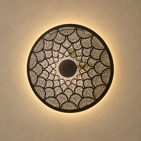 Handcrafted Moroccan Round Brass Wall Light – Pierced Metal Sconce with Warm Decorative Shadow Pattern