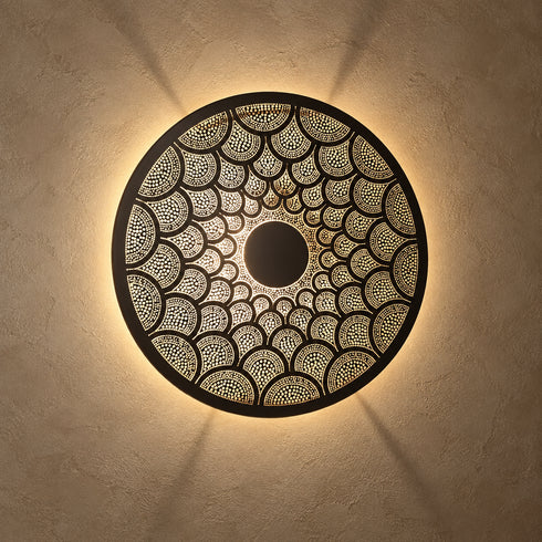 Handcrafted Moroccan Round Brass Wall Light – Pierced Metal Sconce with Warm Decorative Shadow Pattern