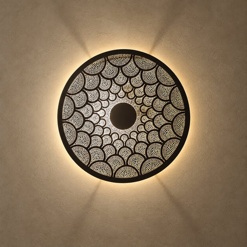 Handcrafted Moroccan Round Brass Wall Light – Pierced Metal Sconce with Warm Decorative Shadow Pattern