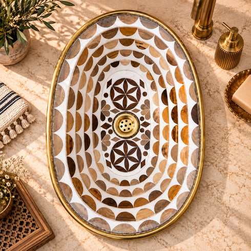 Handcrafted Moroccan Wall-Mounted Brass Basin Stand with Blue Ceramic Faucet