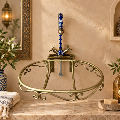Handcrafted Moroccan Wall-Mounted Brass Basin Stand with Blue Ceramic Faucet