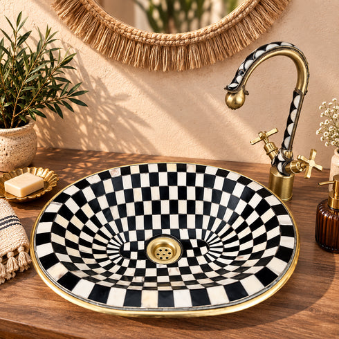 Handcrafted Moroccan Wall-Mounted Mosaic Basin with Brass Faucet