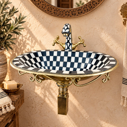 Handcrafted Moroccan Wall-Mounted Mosaic Basin with Brass Faucet