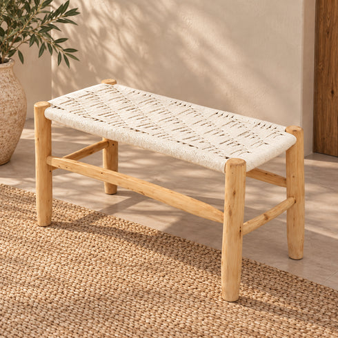 Handcrafted Moroccan Wooden Bench with Black Woven Cord Seat – Rustic Boho Entryway Accent Bench