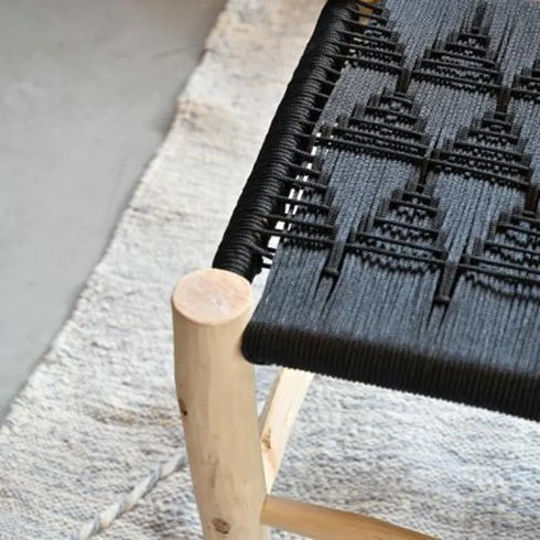 Handcrafted Moroccan Wooden Bench with Black Woven Cord Seat – Rustic Boho Entryway Accent Bench
