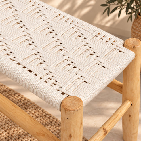 Handcrafted Moroccan Wooden Bench with Black Woven Cord Seat – Rustic Boho Entryway Accent Bench