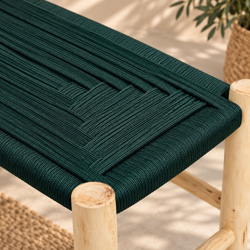 Handcrafted Moroccan Wooden Bench with Black Woven Cord Seat – Rustic Boho Entryway Accent Bench