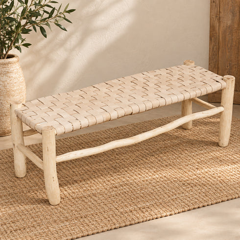 Handcrafted Moroccan Wooden Bench with Cognac Brown Woven Leather Seat – Rustic Boho Entryway Seating