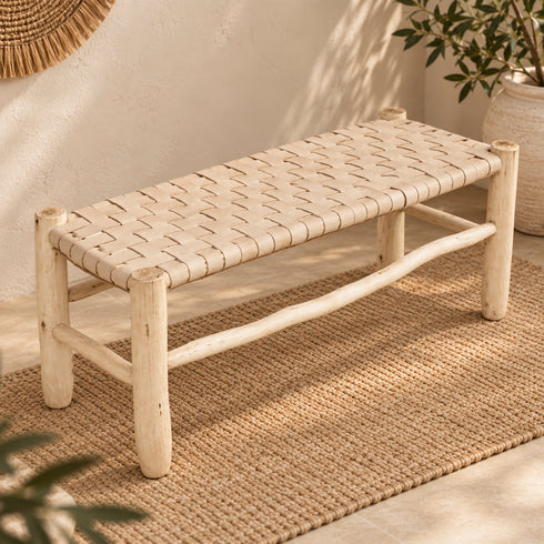 Handcrafted Moroccan Wooden Bench with Cognac Brown Woven Leather Seat – Rustic Boho Entryway Seating