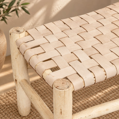 Handcrafted Moroccan Wooden Bench with Cognac Brown Woven Leather Seat – Rustic Boho Entryway Seating