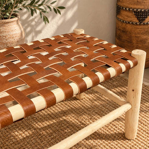 Handcrafted Moroccan Wooden Bench with Cognac Brown Woven Leather Seat – Rustic Boho Entryway Seating