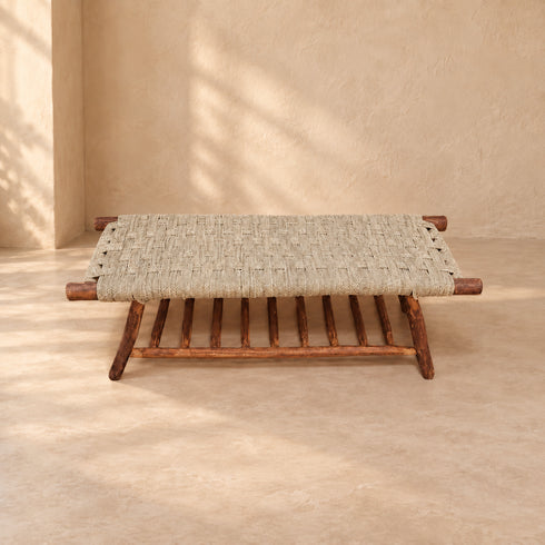 Handcrafted Moroccan Wooden Bench with Natural Woven Fiber Seat and Lower Storage Rack