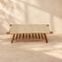 Handcrafted Moroccan Wooden Bench with Natural Woven Fiber Seat and Lower Storage Rack