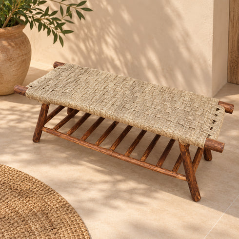 Handcrafted Moroccan Wooden Bench with Natural Woven Fiber Seat and Lower Storage Rack