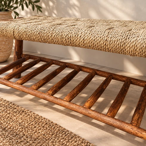 Handcrafted Moroccan Wooden Bench with Natural Woven Fiber Seat and Lower Storage Rack