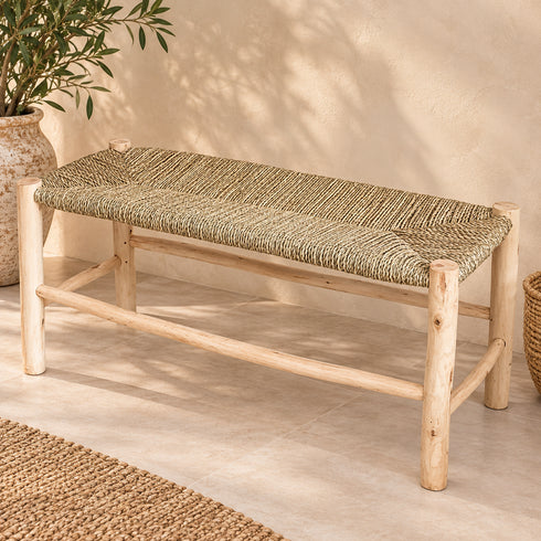 Handcrafted Moroccan Wooden Bench with Natural Woven Reed Seat – Rustic Boho Accent Seating