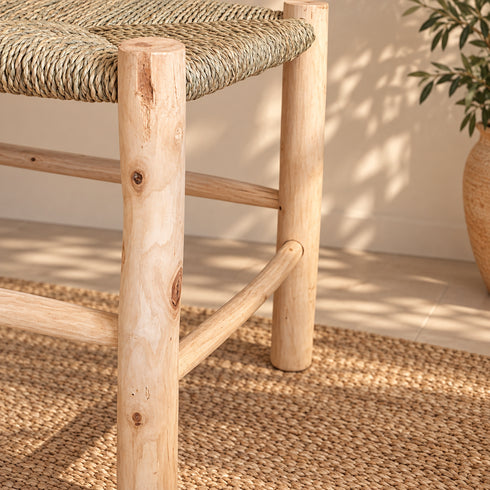 Handcrafted Moroccan Wooden Bench with Natural Woven Reed Seat – Rustic Boho Accent Seating